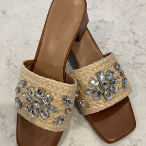 Rhinestone embellished Raffia woven slides